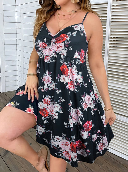 Plus Size Floral Print Cami Dress, Elegant V-Neck Spaghetti Strap A-Line Dress for Women