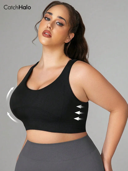 Plus Size Racerback Sports Bra Women Wide Strap Removable Pads Wireless Gym Yoga Bra Breathable Fitness Workout Crop Top