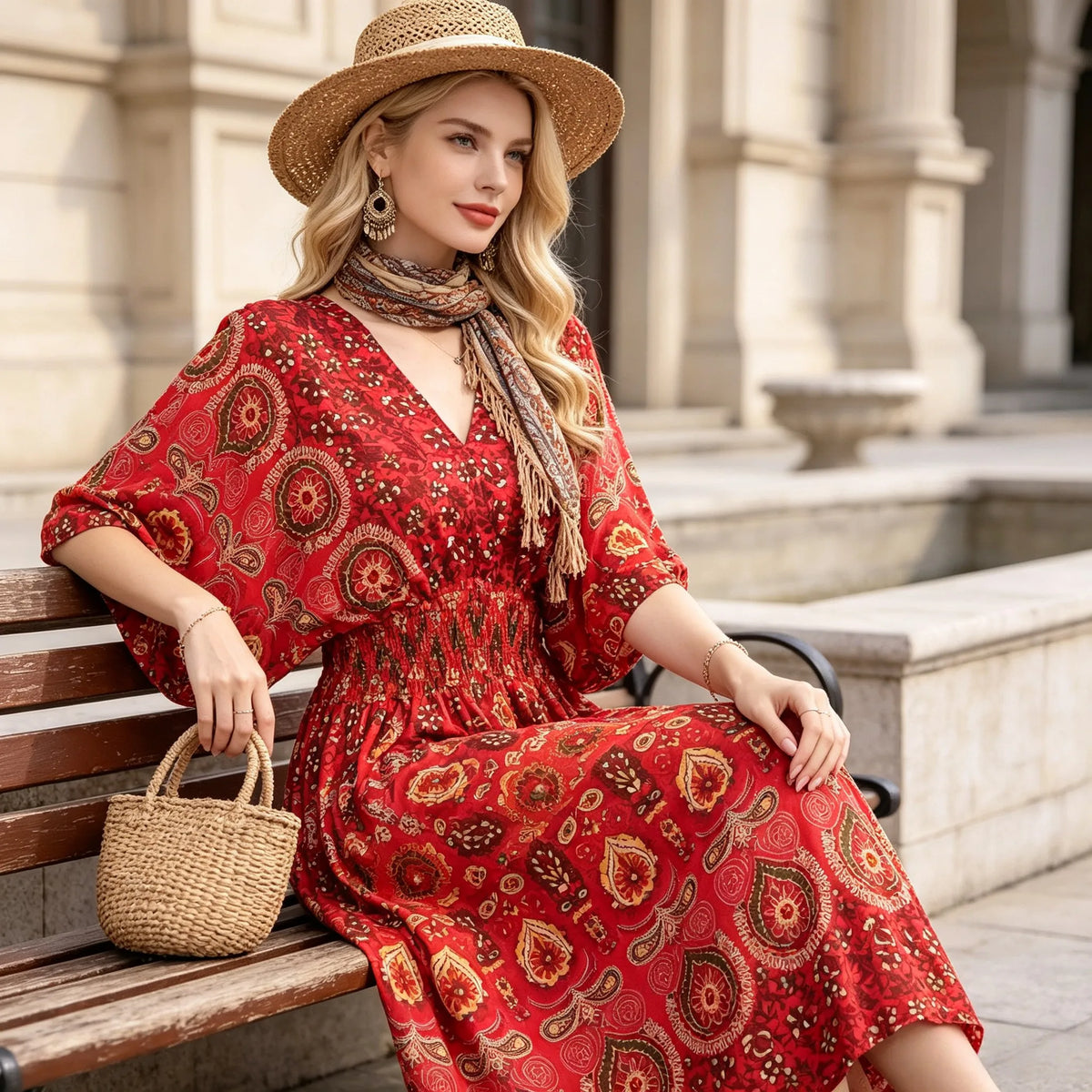 Plus Size Elegant Party Woman Midi Dresses Casual Retro Ethnic Style V-neck Tunic Large Swing Floral Printed Long Skirt Holiday