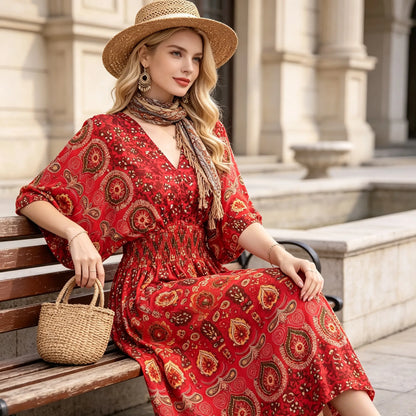 Plus Size Elegant Party Woman Midi Dresses Casual Retro Ethnic Style V-neck Tunic Large Swing Floral Printed Long Skirt Holiday