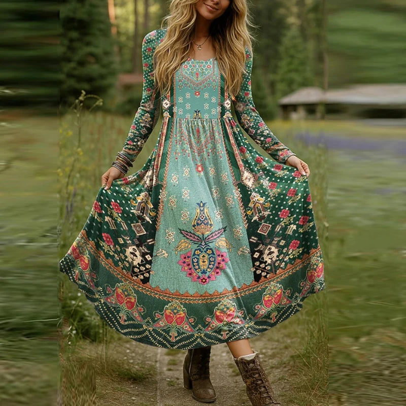 New Plus Size Women Dress Boho O Neck Long Sleeve A-line Party Dresses For Women Spring Autumn Flower Printed Long Dress