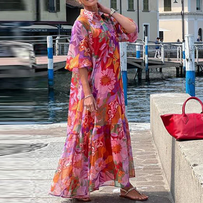 Plus Size Dress Women Turn Down Colloar Flower Printed Long Dress Boho Beach Holidyay Dresses For Women Casual Half Sleeve Loose
