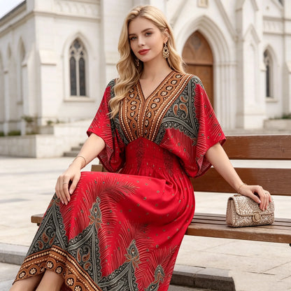 Plus Size Elegant Party Woman Midi Dresses Casual Retro Ethnic Style V-neck Tunic Large Swing Floral Printed Long Skirt Holiday