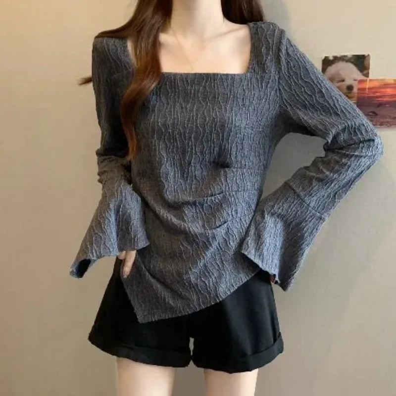 Plus Size Women Autumn Square Neck Long Sleeve Top Flare Sleeve Textured Slim Fit Undershirt T Shirt for Curvy Girls