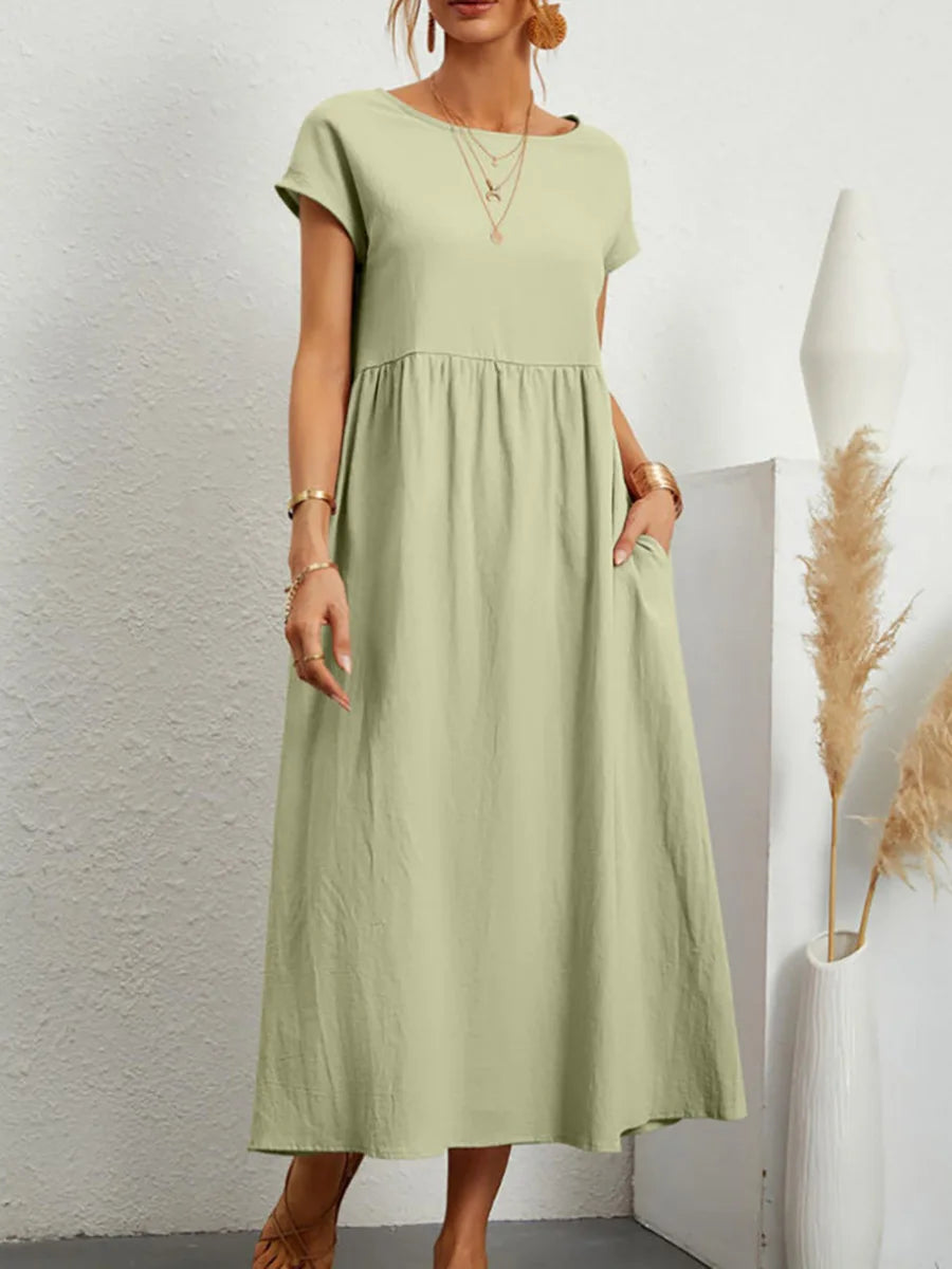 Women Plus Size A Line Midi Dress Round Neck Short Sleeve Solid Color Pleated High Waist Pockets Outfits Women's Casual Dresses