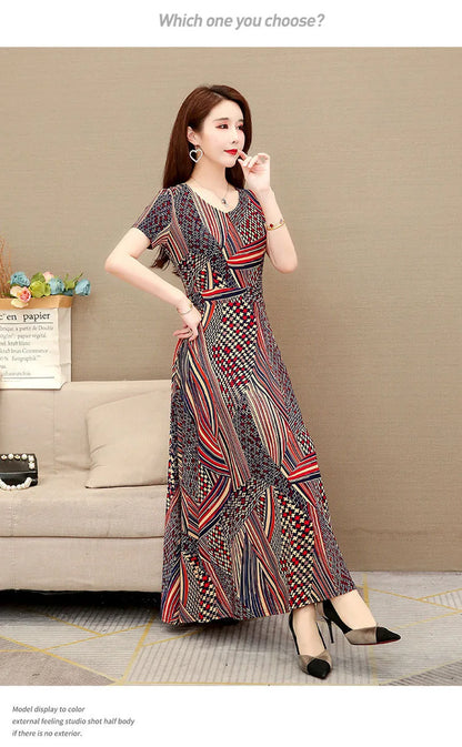Women's Plus Size Print Dress Summer Mid-Age Mother Loose Long Flared Skirt Elegant Knee Length Dress