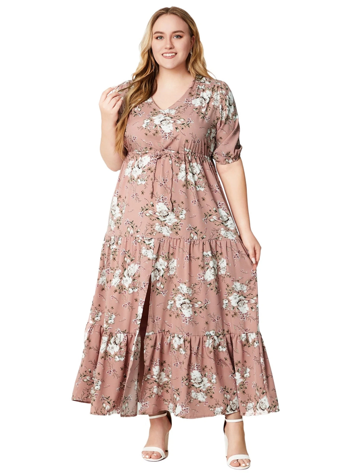 Plus Size Bohemian Summer Beach Casual Floral Print Half Sleeve Split Hem Maxi V Neck Long Dresses For Women