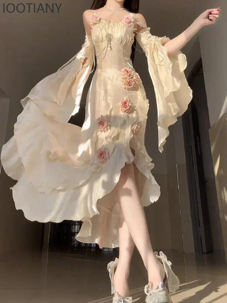 Women's High Waist Slim Elegant 3d Rose Irregular Long Skirt Lady Gothic Sleeve Dress Summer Sweet Lolita Fishtail Fairy Dress