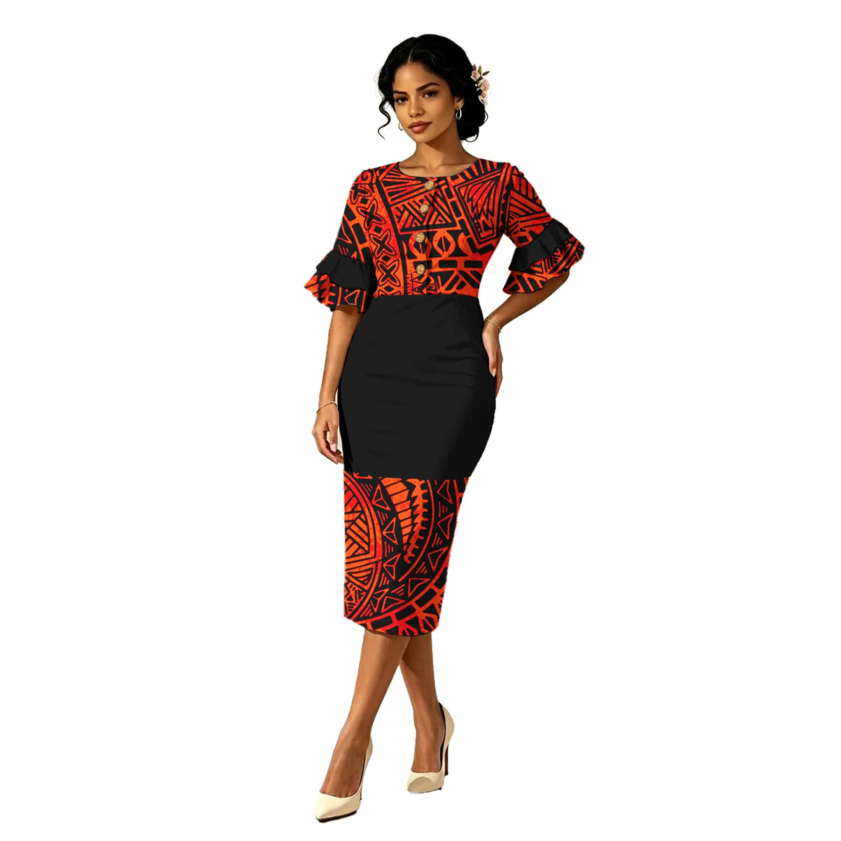 Plus Size Ladies Polynesian Classic Coconut Button Midi Wrap Dress Tribal Design Cascading Petal Sleeve Samoan Dress for Women