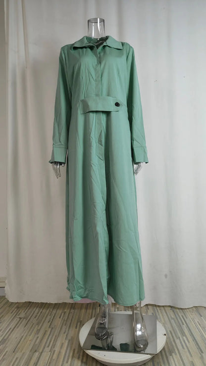Spring Summer Women Dress Plus Size White Casual V Neck Lapel Long Sleeve Shirt Maxi Dresses Female Pocket Party Long Robe