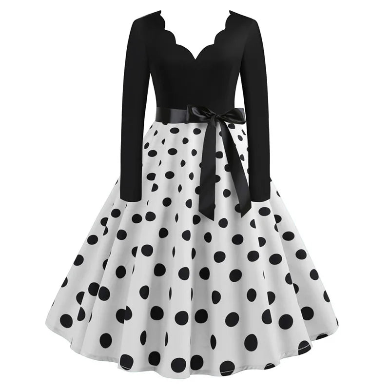 Plus Size Women Dress Vintage Long Sleeve Polka Dot Spring Autumn New Year Party Dresses 3XL Vestidos