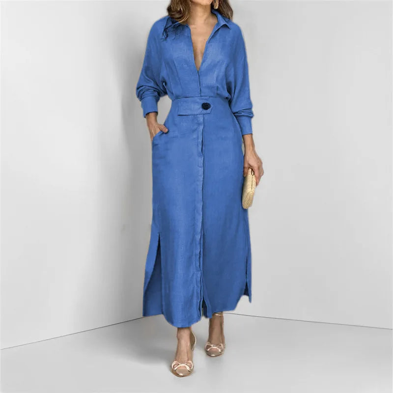 Spring Summer Women Dress Plus Size White Casual V Neck Lapel Long Sleeve Shirt Maxi Dresses Female Pocket Party Long Robe