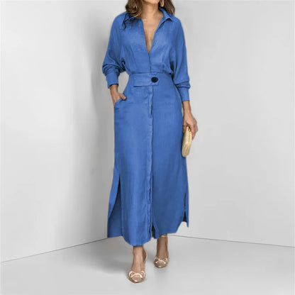 Spring Summer Women Dress Plus Size White Casual V Neck Lapel Long Sleeve Shirt Maxi Dresses Female Pocket Party Long Robe