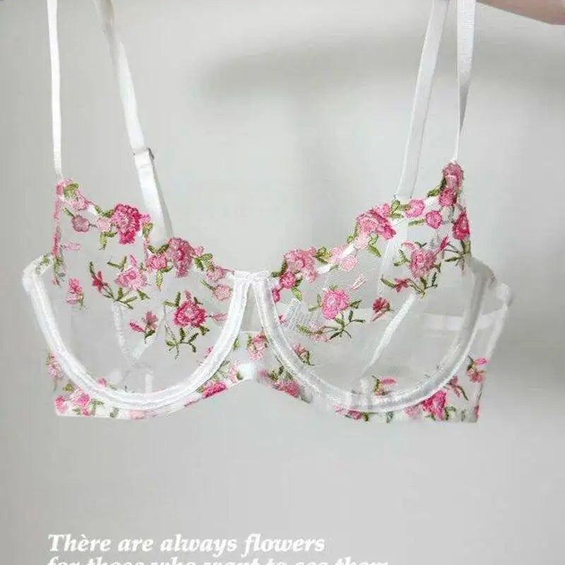 European Women Alluring Sheer Lace Embroidery Underwire Bra, Big Bust Support Minimize Anti‑Sagging Soft Lingerie S‑XL  Bra Set