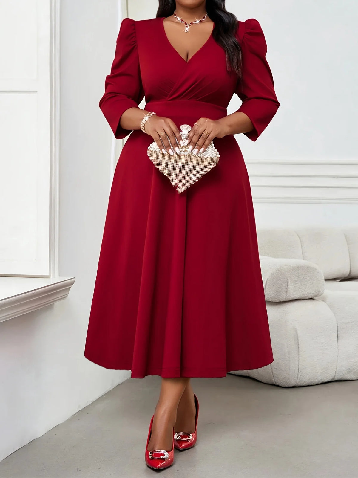 Plus Size Elegant Women Red Dress 2026 3/4 Sleeve High Waist A-Line Autumn Spring Office Lady Party Maxi Dress