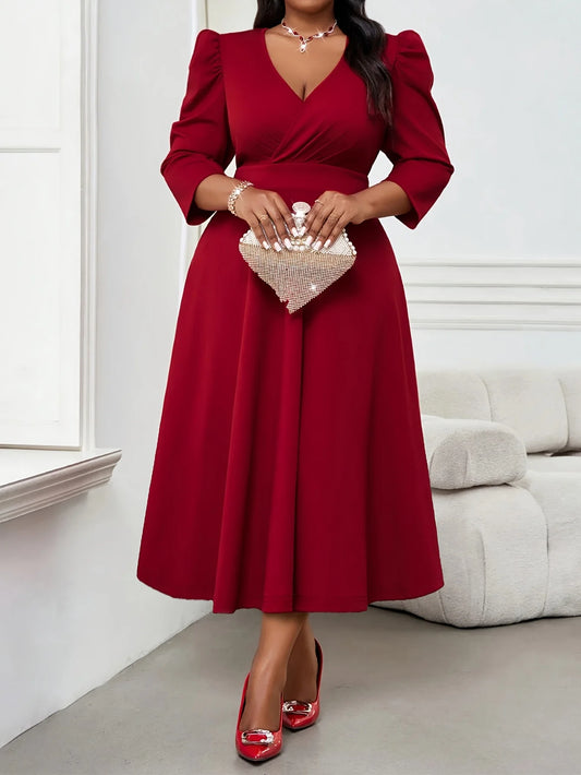 Plus Size Elegant Women Red Dress 2026 3/4 Sleeve High Waist A-Line Autumn Spring Office Lady Party Maxi Dress