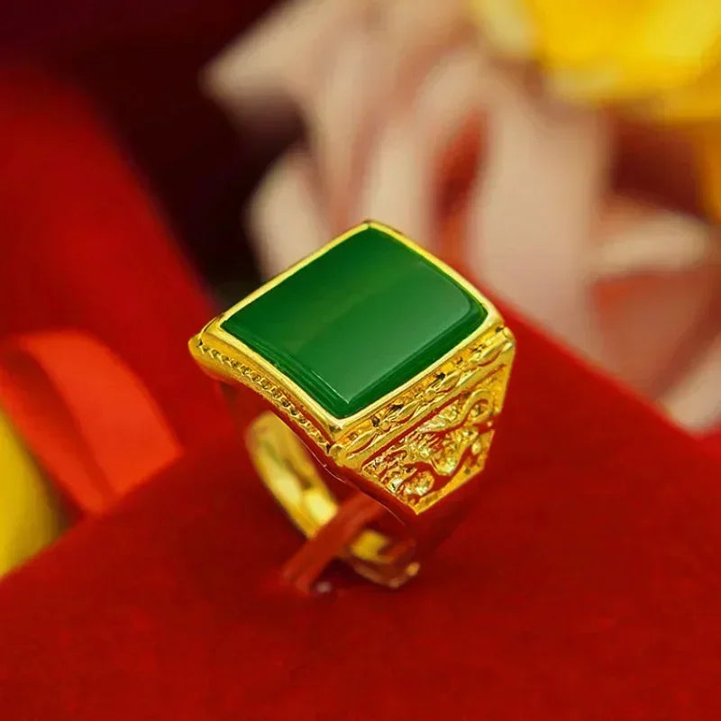 Pure gold ring same style mens AU999 real   24K agate Pixiu God of Wealth adjustable  inlaid jade jewelry