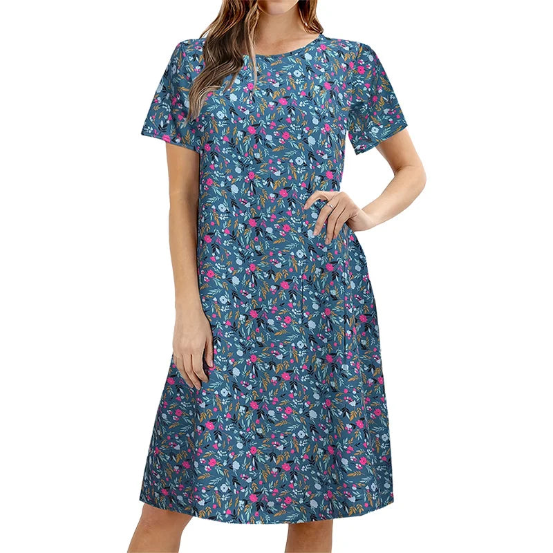 Plus-Size Women's Floral Print round Neck Short Sleeve Dress Loose Fit Fashionable Casual Home Wear Everyday Dress