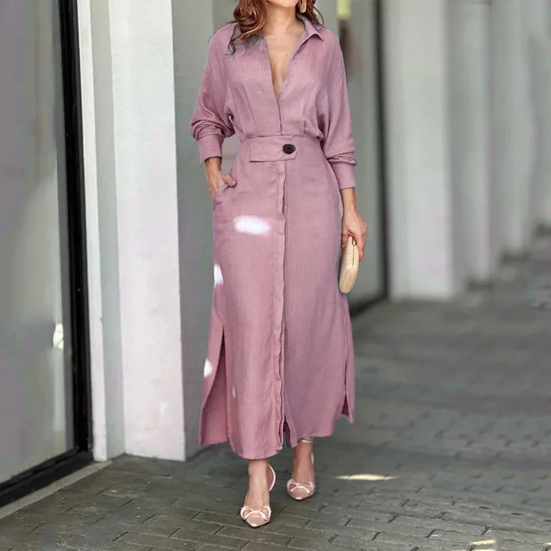 Spring Summer Women Dress Plus Size White Casual V Neck Lapel Long Sleeve Shirt Maxi Dresses Female Pocket Party Long Robe