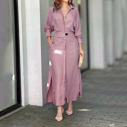 Spring Summer Women Dress Plus Size White Casual V Neck Lapel Long Sleeve Shirt Maxi Dresses Female Pocket Party Long Robe