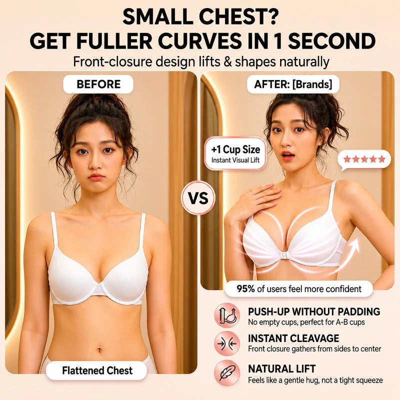 Women's Front Closure Push Up Bra U-Back Backless Seamless Wireless Ultra Thin Summer Bralette Small Bust Lift Detachable Straps