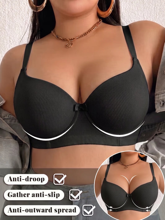 Plus Size Women Bra Thin Cup Underwire Side Gathering Push Up Bra Solid Ribbed Anti-Sagging Comfortable & Breathable Lingerie