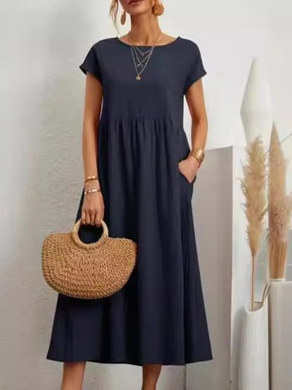 Women Plus Size A Line Midi Dress Round Neck Short Sleeve Solid Color Pleated High Waist Pockets Outfits Women's Casual Dresses