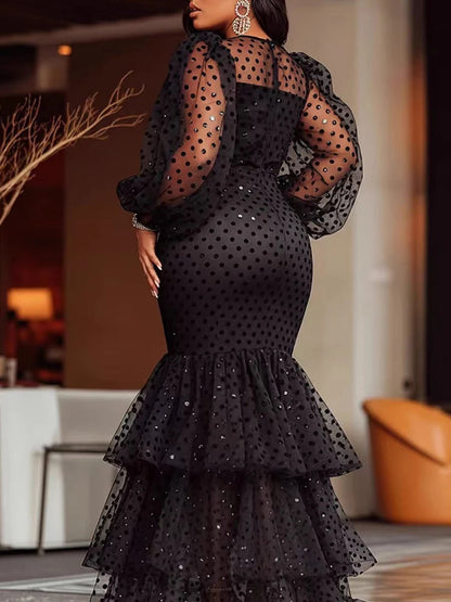 Women's Plus Size Polka Dots Evening Dress Crew Neck Mesh Sheer Prom Party Robe Dress Tiered Ruffle Hem Chic Formal Maxi Dresses