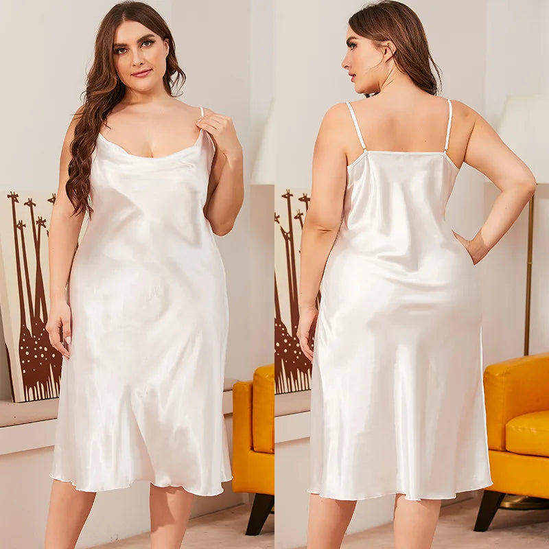 Plus Size 3XL 4XL 5XL Women's Nightgown Chemise Sleepwear Sexy Suspender Lace V-Neck Nightdress Loose Satin Homewear