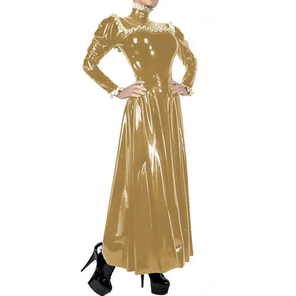 Plus Size Ladies Elegant Long Dress High Neck Ruched Trims Long Sleeved Vestidos Bodycon Back Zip Wetlook PVC Leather Ball Gowns