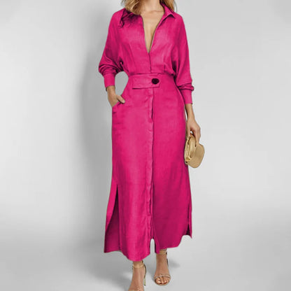 Spring Summer Women Dress Plus Size White Casual V Neck Lapel Long Sleeve Shirt Maxi Dresses Female Pocket Party Long Robe