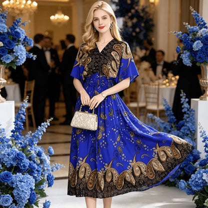 Plus Size Elegant Party Woman Midi Dresses Casual Retro Ethnic Style V-neck Tunic Large Swing Floral Printed Long Skirt Holiday