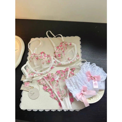 European Women Alluring Sheer Lace Embroidery Underwire Bra, Big Bust Support Minimize Anti‑Sagging Soft Lingerie S‑XL  Bra Set