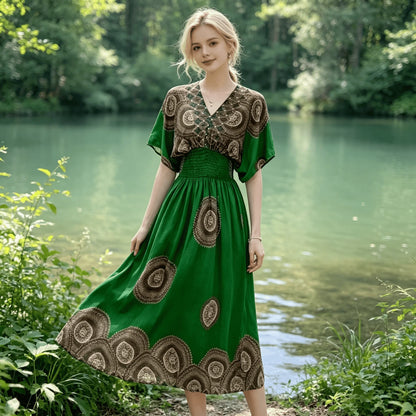 Plus Size Elegant Party Woman Midi Dresses Casual Retro Ethnic Style V-neck Tunic Large Swing Floral Printed Long Skirt Holiday