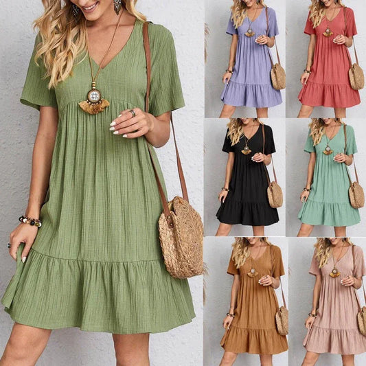 Plus Size Loose A-line Short Sleeve Pleated Women Dress V-neck Solid Color Beach Dresses Elegant Simple Oversize Comfort Clothes