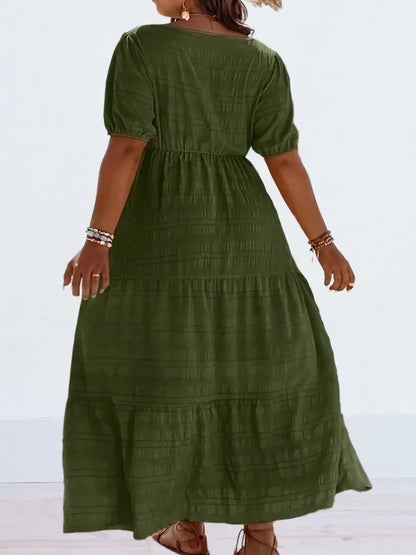 Plus Size 1XL-5XL New Women's Fashionable Square Neck Solid Color Dress Ladies Casual A-line Skirt Short Sleeved Long Dress