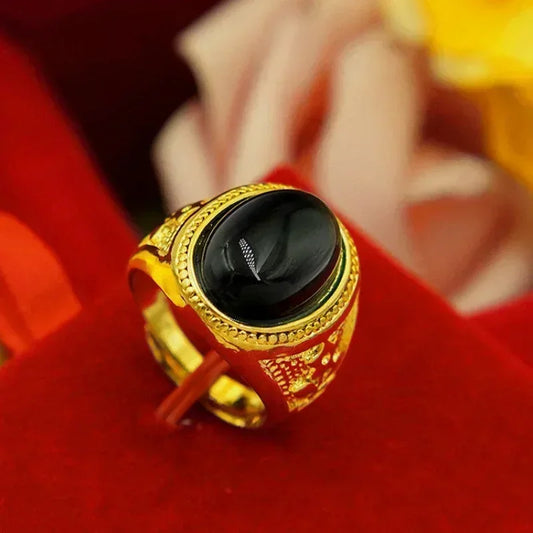 Pure gold ring same style mens AU999 real   24K agate Pixiu God of Wealth adjustable  inlaid jade jewelry