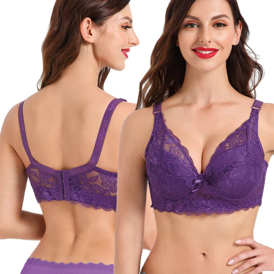 Plus Size Lace Bras for Women's Bralette Crop Top Underwear Female Sexy Lingerie Wide Shoulder Straps Underwired Push Up Bra