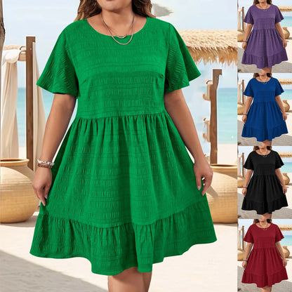Summer Dress for Women Plus Size Elegant Fashion Round Neck Weave Patchwork Loose Short Sleeve