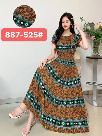 Women's Plus Size Bohemian Style Long Summer Dress for Women Floral Cotton Beach Round Neck Indian Clothing Vestido Robe Female