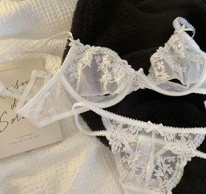 Ultra Thin Bra Set for Petite Chest: Anti-Sag Soft Wire Uplift, Sheer French Lace Bralette & Briefs, Plus Size Women 32 - 38 A B