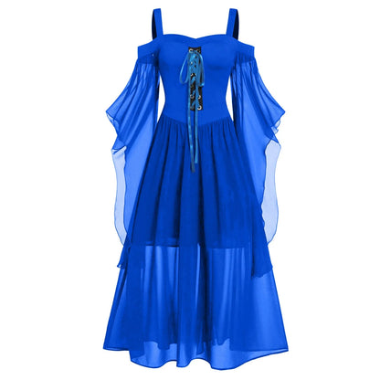 Womne Plus Size Halloween Dress Cold Shoulder Butterflies Sleeve Lace Up Gothic Style Costumes Retro Mesh Splicing Costume