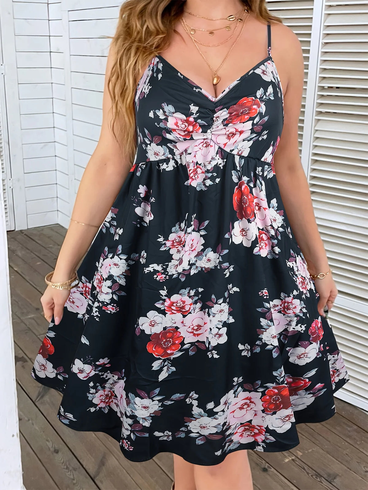 Plus Size Floral Print Cami Dress, Elegant V-Neck Spaghetti Strap A-Line Dress for Women