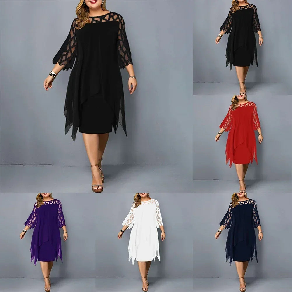 Elegant Women Party Dress Plus Size Evening Dresses Hollow Out Lace Sleeve Monochrome Irregular Hem Chiffon Dress
