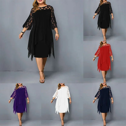 Elegant Women Party Dress Plus Size Evening Dresses Hollow Out Lace Sleeve Monochrome Irregular Hem Chiffon Dress