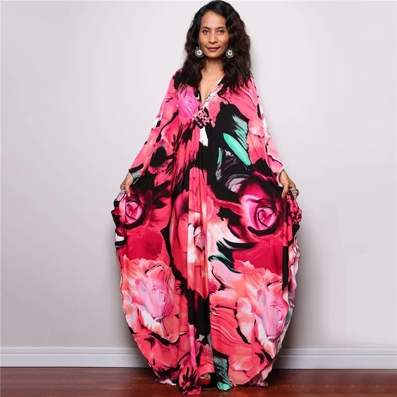 Plus Size Dresses Womens Caftan Floral Print Kaftan Dress Short Sleeve Swimsuit Cover up Loungewear for Summer