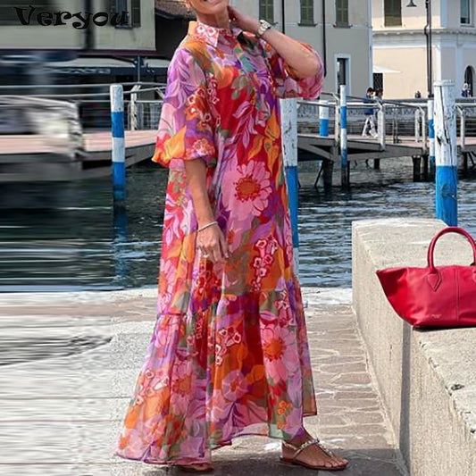 Plus Size Dress Women Turn Down Colloar Flower Printed Long Dress Boho Beach Holidyay Dresses For Women Casual Half Sleeve Loose