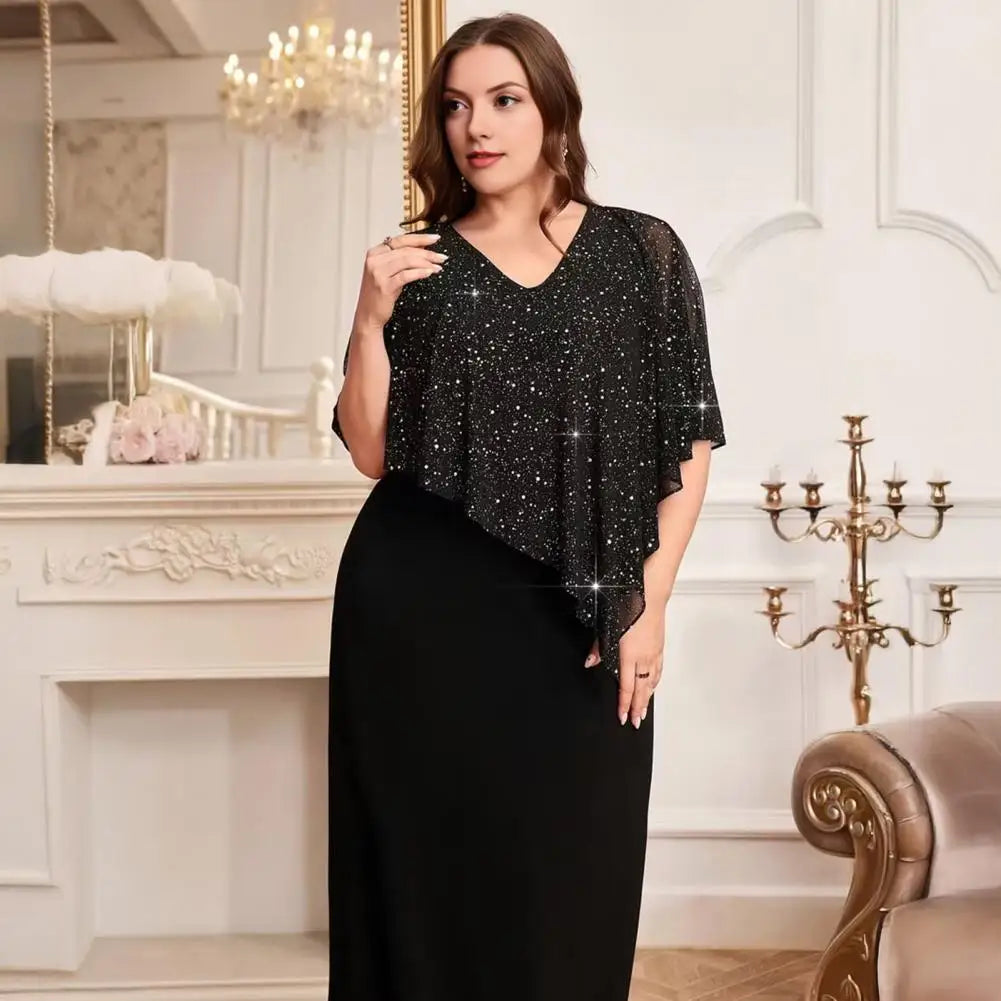 2026 Women Plus Size Dress O-neck Midi Loose Dress Lady Evening Chiffon Sequin Sexy Elegant Dress Female Clothing Summer Autumn