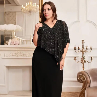 2026 Women Plus Size Dress O-neck Midi Loose Dress Lady Evening Chiffon Sequin Sexy Elegant Dress Female Clothing Summer Autumn