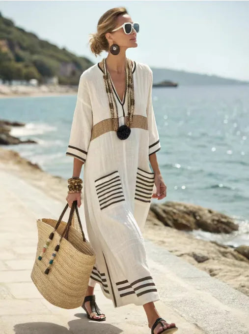 Plus Size Dress Women Boho Striped Extra Long V Neck Oversized Robe Summer Linen Beach Vacation Daily Casual Commuting Vestidos